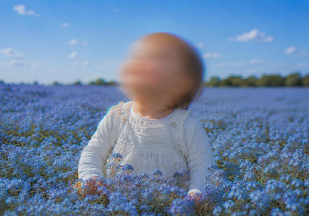 Child in a field of blue flowers with face blurred for privacy